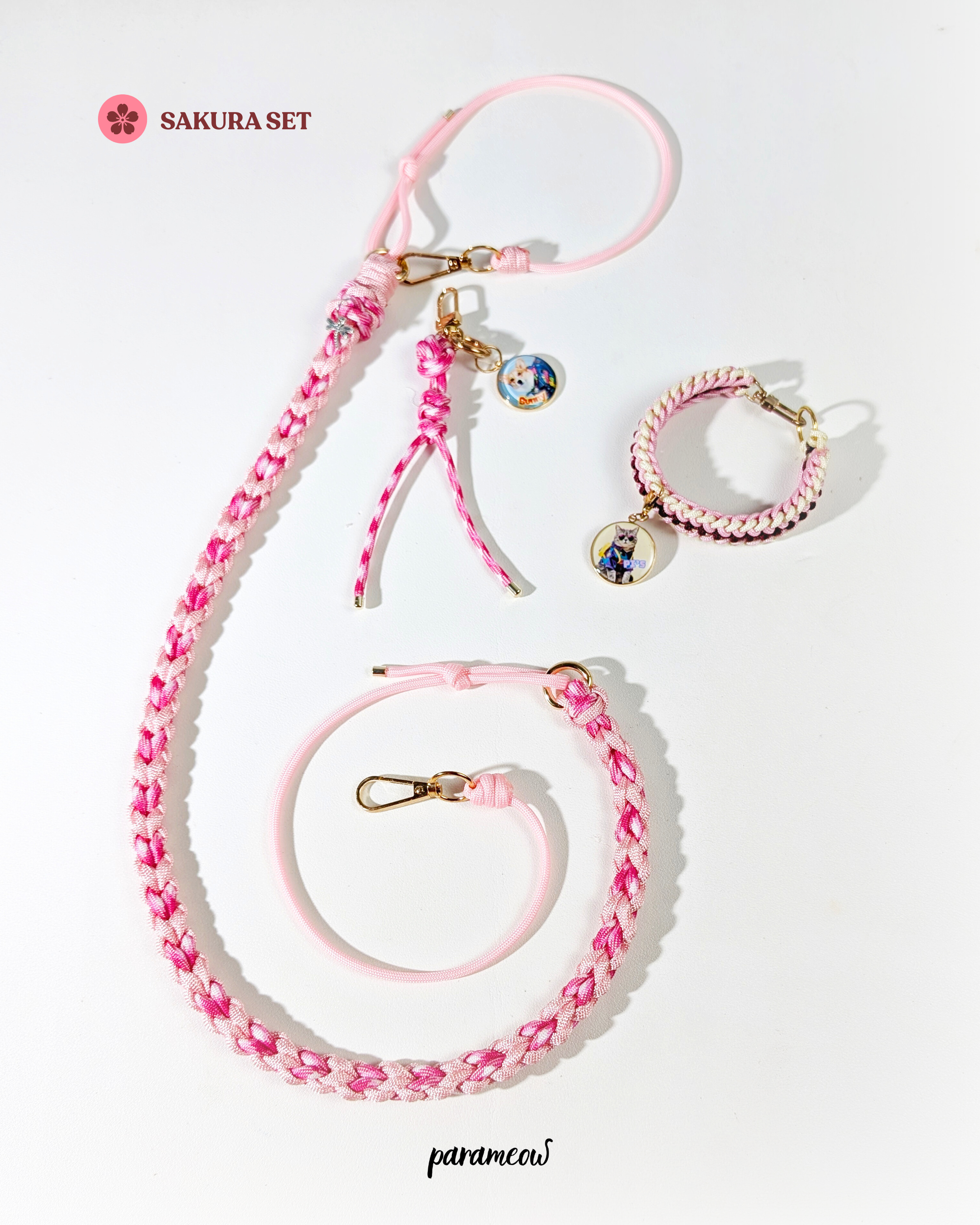 Sakura Set | Combo set quà cho chó mèo - vòng cổ. dây dắt, charm phụ kiện cá nhân hoá