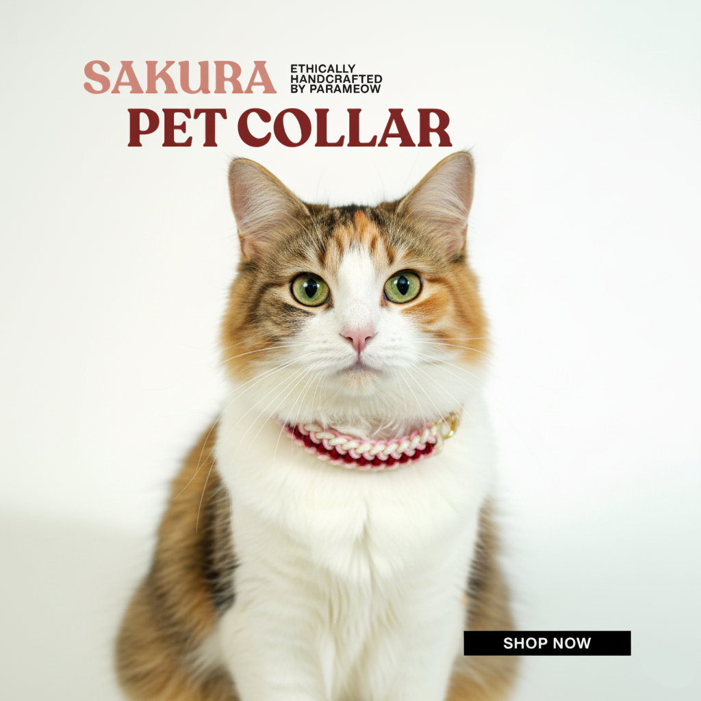 Cat wearing a pet collar with 'Sakura Pet Collar' text and 'Shop Now' button on a light background